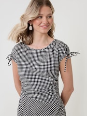 Threadbare Black Gingham Ruched Midi Dress with Shoulder Tie Details - Image 4 of 4
