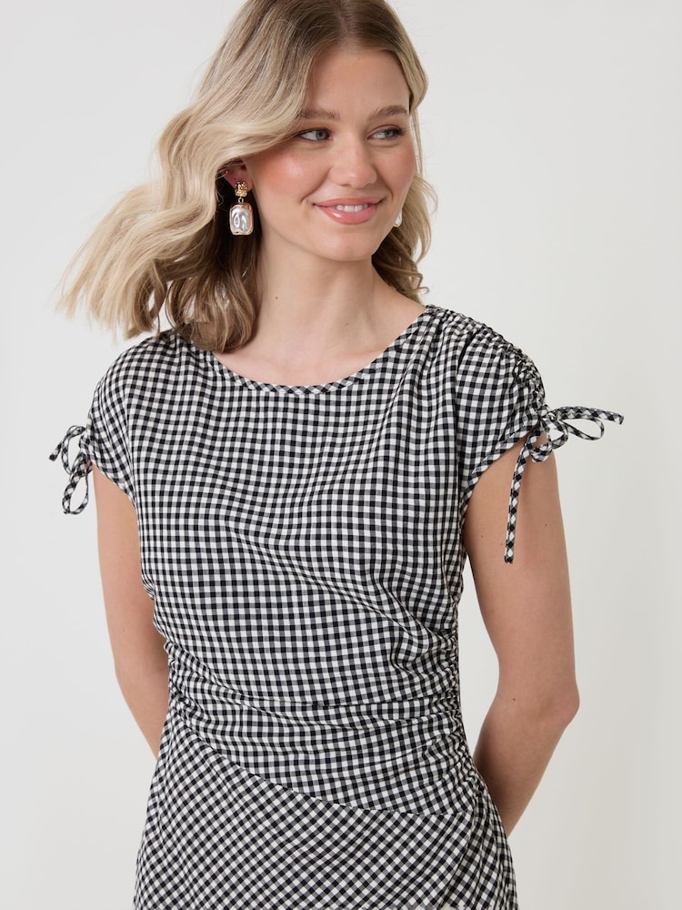 Threadbare Black Gingham Ruched Midi Dress with Shoulder Tie Details - Image 4 of 4 Threadbare Black Gingham Ruched Midi Dress with Shoulder Tie Details - Image 4 of 4