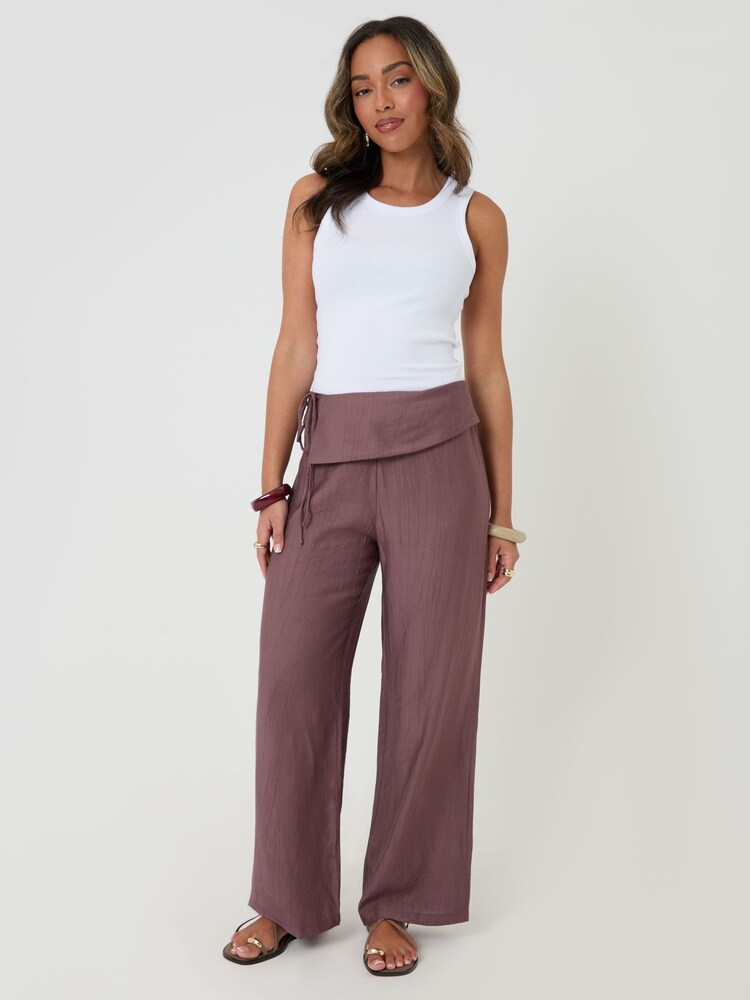 Threadbare Brown Wrap Front Wide Leg Textured Trousers - Image 2 of 6
