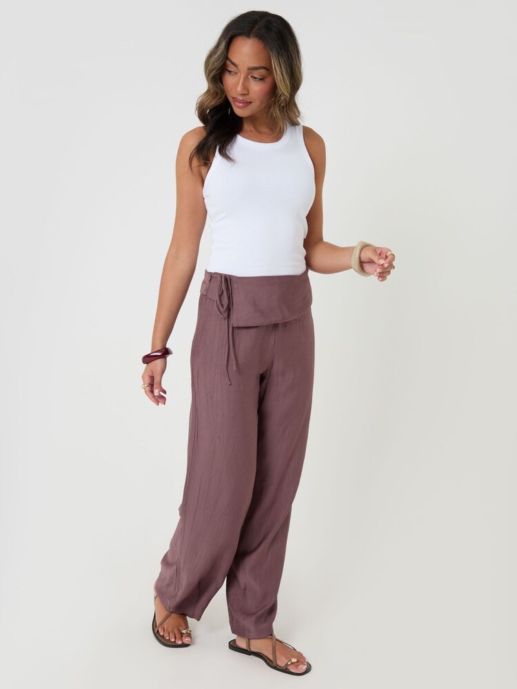 Threadbare Brown Wrap Front Wide Leg Textured Trousers - Image 6 of 6