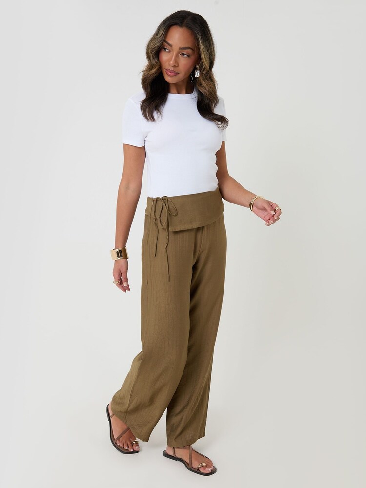 Threadbare Green Wrap Front Wide Leg Textured Trousers - Image 5 of 5