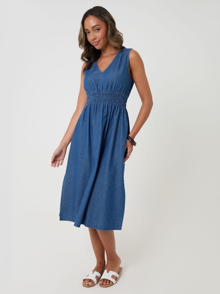 Threadbare Blue Ruched Waist Denim Midi Dress - Image 1 of 4