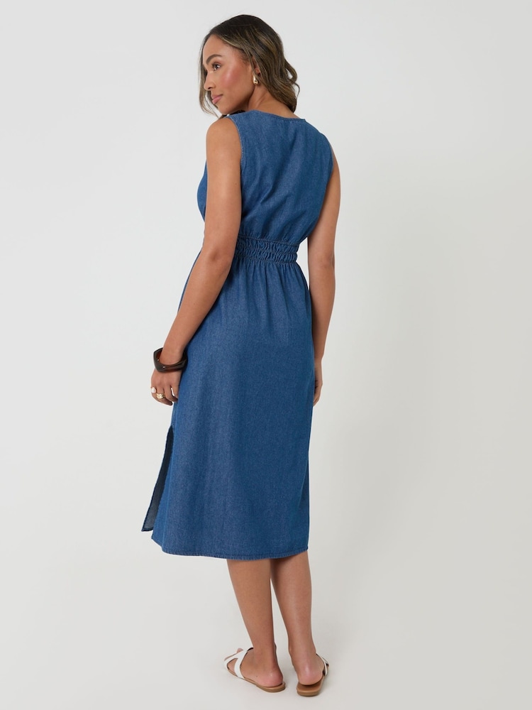 Threadbare Blue Ruched Waist Denim Midi Dress - Image 2 of 4