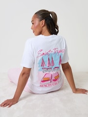Threadbare Pink Stripe Seersucker Saint Tropez Graphic Print Pyjamas Set - Image 1 of 5