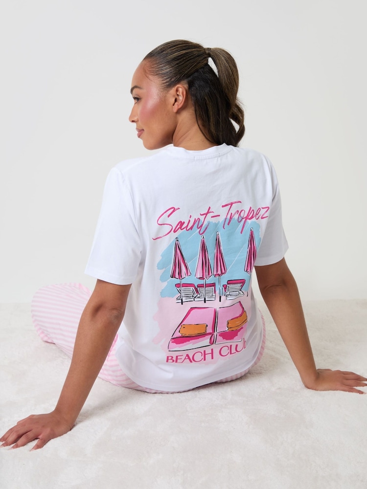 Threadbare Pink Stripe Seersucker Saint Tropez Graphic Print Pyjamas Set - Image 1 of 5 Threadbare Pink Stripe Seersucker Saint Tropez Graphic Print Pyjamas Set - Image 1 of 5