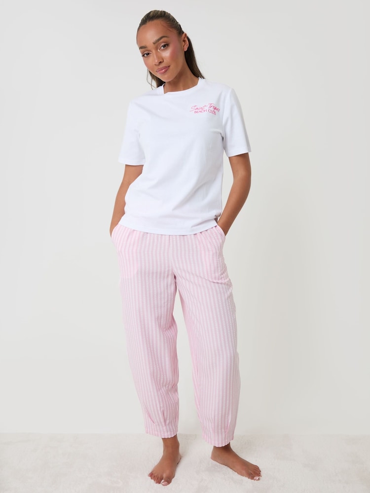 Threadbare Pink Stripe Seersucker Saint Tropez Graphic Print Pyjamas Set - Image 2 of 5 Threadbare Pink Stripe Seersucker Saint Tropez Graphic Print Pyjamas Set - Image 2 of 5