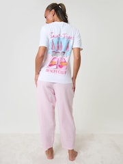 Threadbare Pink Stripe Seersucker Saint Tropez Graphic Print Pyjamas Set - Image 3 of 5