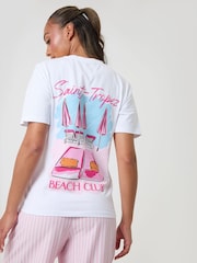 Threadbare Pink Stripe Seersucker Saint Tropez Graphic Print Pyjamas Set - Image 5 of 5