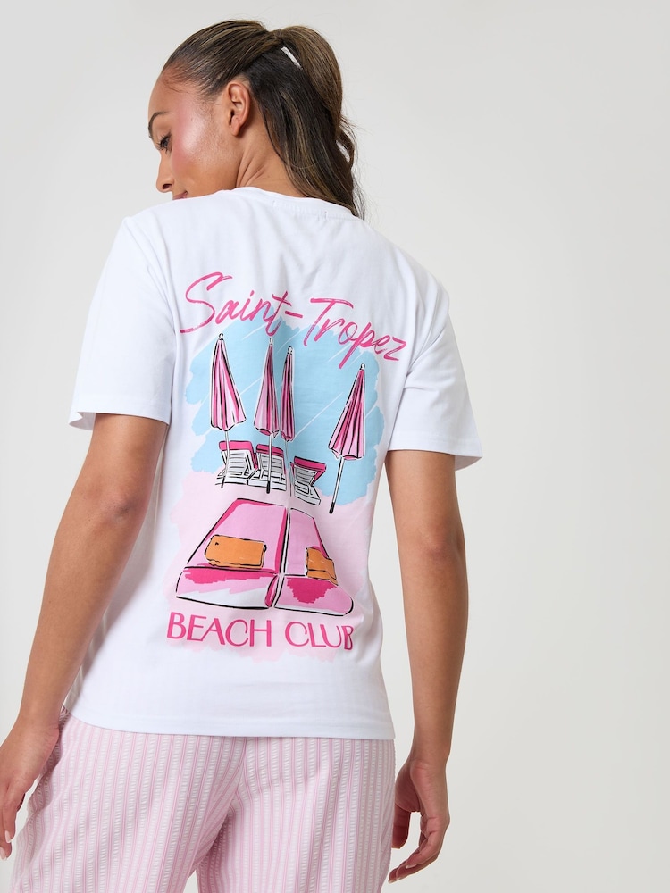 Threadbare Pink Stripe Seersucker Saint Tropez Graphic Print Pyjamas Set - Image 5 of 5 Threadbare Pink Stripe Seersucker Saint Tropez Graphic Print Pyjamas Set - Image 5 of 5