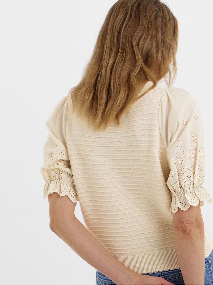 JD Williams Natural Woven Sleeve Knitted Cardigan - Image 2 of 5 JD Williams Natural Woven Sleeve Knitted Cardigan - Image 2 of 5
