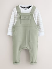 Baker by Ted Baker Green 2 Piece Dungaree and Stripe T-Shirts Set - Image 1 of 7