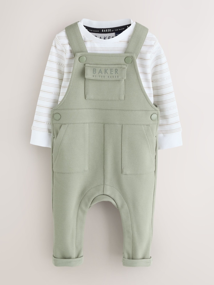Baker by Ted Baker Green 2 Piece Dungaree and Stripe T-Shirts Set - Image 1 of 7 Baker by Ted Baker Green 2 Piece Dungaree and Stripe T-Shirts Set - Image 1 of 7