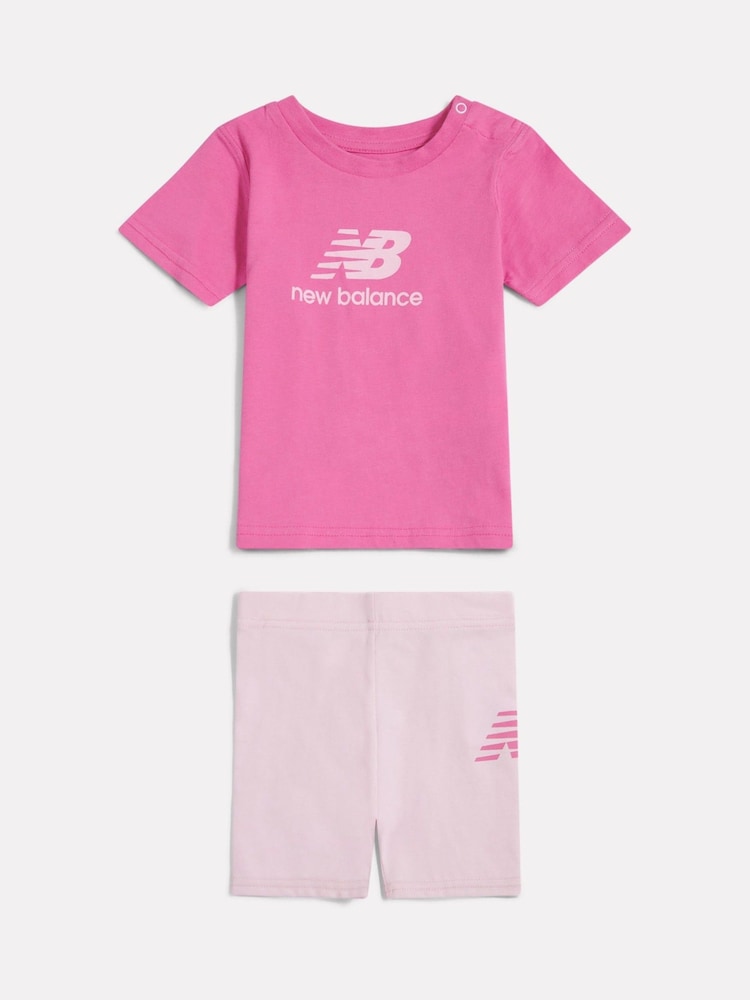 New Balance Pink Stacked Logo T-Shirt and Cycle Shorts - Image 1 of 4