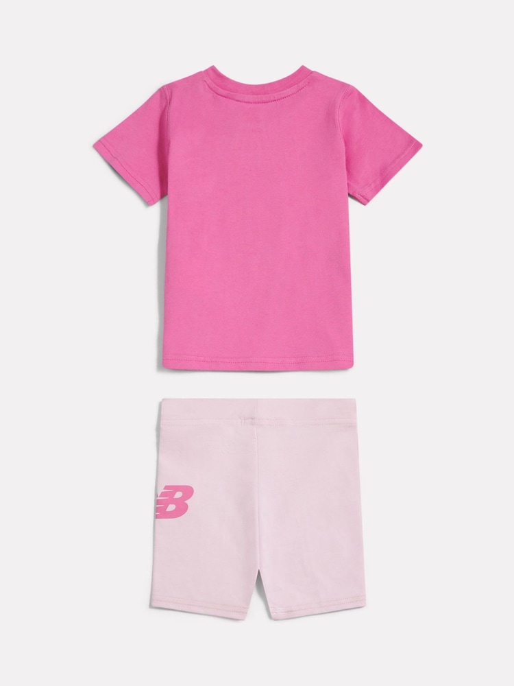New Balance Pink Stacked Logo T-Shirt and Cycle Shorts - Image 2 of 4