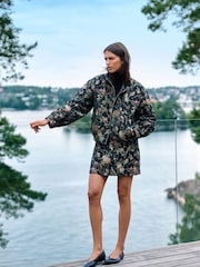 Black Floral Print Funnel Neck Bomber Jacket - Image 1 of 8