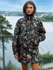 Black Floral Print Funnel Neck Bomber Jacket - Image 2 of 8