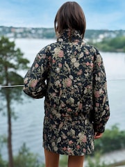 Black Floral Print Funnel Neck Bomber Jacket - Image 4 of 8