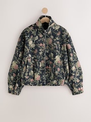 Black Floral Print Funnel Neck Bomber Jacket - Image 5 of 8