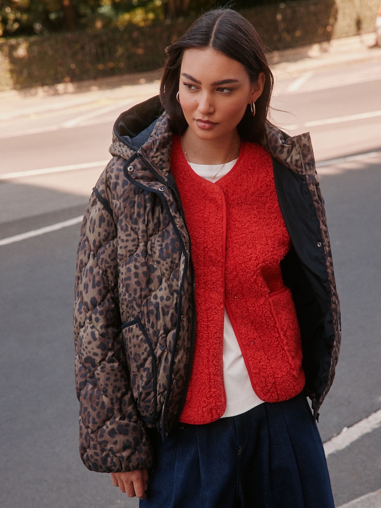 Brown Leopard Animal Print Lightweight Quilted Jacket - Image 1 of 8