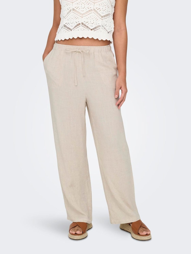 ONLY Natural Linen Mix Tie Front Trousers - Image 1 of 5