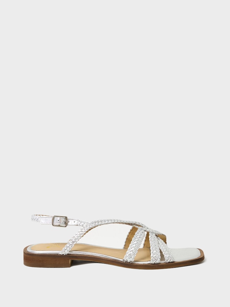 Crew Clothing Silver Woven Leather Strappy Sandals - Image 1 of 3 Crew Clothing Silver Woven Leather Strappy Sandals - Image 1 of 3