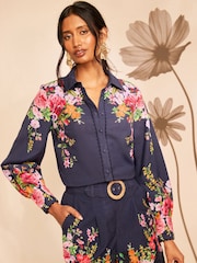 Love & Roses X RHS Navy Floral Printed Scallop Edge Button Through Long Sleeve Shirt - Image 1 of 4