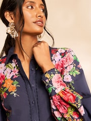 Love & Roses X RHS Navy Floral Printed Scallop Edge Button Through Long Sleeve Shirt - Image 2 of 4