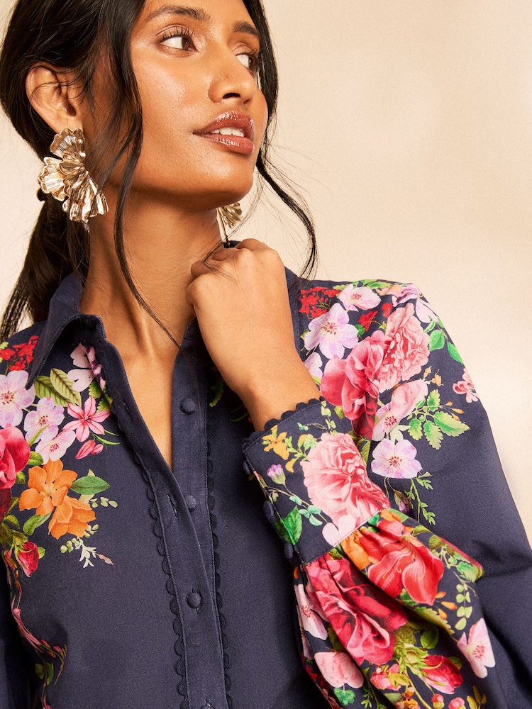 Love & Roses X RHS Navy Floral Printed Scallop Edge Button Through Long Sleeve Shirt - Image 2 of 4 Love & Roses X RHS Navy Floral Printed Scallop Edge Button Through Long Sleeve Shirt - Image 2 of 4