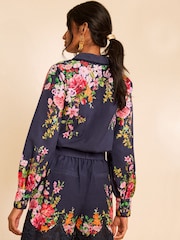 Love & Roses X RHS Navy Floral Printed Scallop Edge Button Through Long Sleeve Shirt - Image 4 of 4