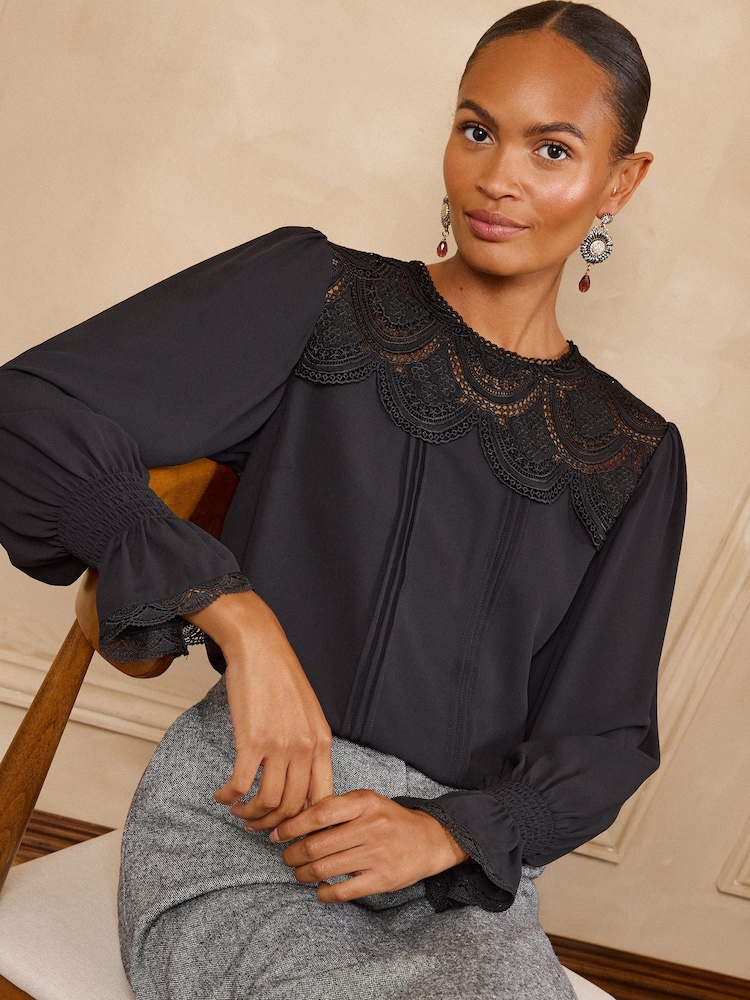 Love & Roses Black Lace Front Long Sleeve Blouse - Image 1 of 6 Love & Roses Black Lace Front Long Sleeve Blouse - Image 1 of 6
