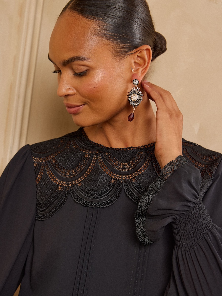 Love & Roses Black Lace Front Long Sleeve Blouse - Image 2 of 6 Love & Roses Black Lace Front Long Sleeve Blouse - Image 2 of 6