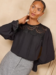 Love & Roses Black Lace Front Long Sleeve Blouse - Image 4 of 6