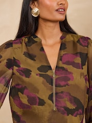Love & Roses Ochre Yellow Printed Chiffon Zip Front Notch Neck Long Sleeve Blouse - Image 2 of 5