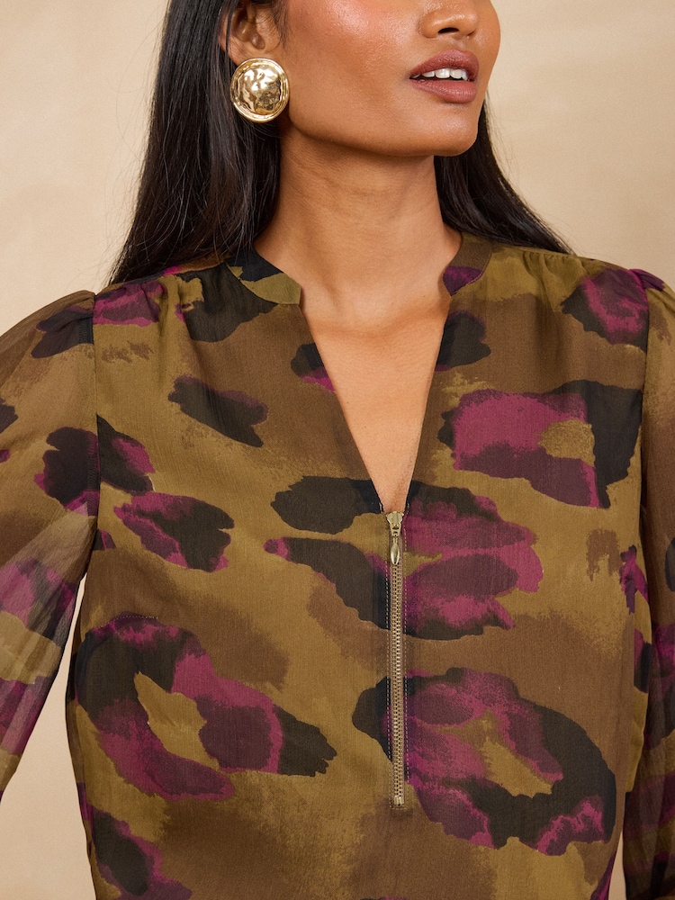 Love & Roses Ochre Yellow Printed Chiffon Zip Front Notch Neck Long Sleeve Blouse - Image 2 of 5 Love & Roses Ochre Yellow Printed Chiffon Zip Front Notch Neck Long Sleeve Blouse - Image 2 of 5