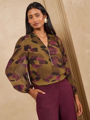 Love & Roses Ochre Yellow Printed Chiffon Zip Front Notch Neck Long Sleeve Blouse - Image 4 of 5