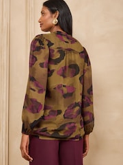 Love & Roses Ochre Yellow Printed Chiffon Zip Front Notch Neck Long Sleeve Blouse - Image 5 of 5