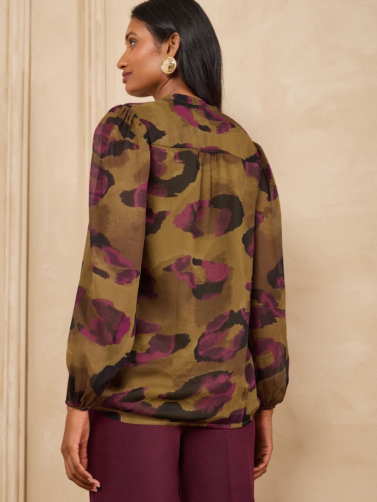 Love & Roses Ochre Yellow Printed Chiffon Zip Front Notch Neck Long Sleeve Blouse - Image 5 of 5 Love & Roses Ochre Yellow Printed Chiffon Zip Front Notch Neck Long Sleeve Blouse - Image 5 of 5