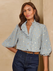 Love & Roses Grey Metallic Heart 3/4 Sleeve Frill Cuff Blouse - Image 1 of 4