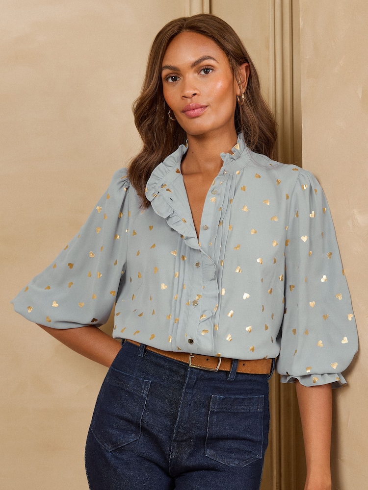 Love & Roses Grey Metallic Heart 3/4 Sleeve Frill Cuff Blouse - Image 1 of 4