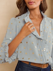 Love & Roses Grey Metallic Heart 3/4 Sleeve Frill Cuff Blouse - Image 2 of 4