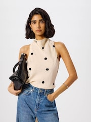 Whistles Cream Jacquard Spot Satin Halterneck Top - Image 1 of 5