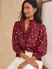 Love & Roses Rust Brown Metallic Heart 3/4 Sleeve Frill Cuff Blouse - Image 1 of 5