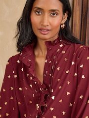 Love & Roses Rust Brown Metallic Heart 3/4 Sleeve Frill Cuff Blouse - Image 2 of 5