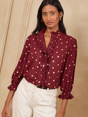 Love & Roses Rust Brown Metallic Heart 3/4 Sleeve Frill Cuff Blouse - Image 3 of 5