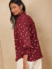 Love & Roses Rust Brown Metallic Heart 3/4 Sleeve Frill Cuff Blouse - Image 5 of 5