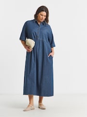 Simply Be Blue Short Sleeve Collar Denim Midaxi Dress - Image 1 of 4