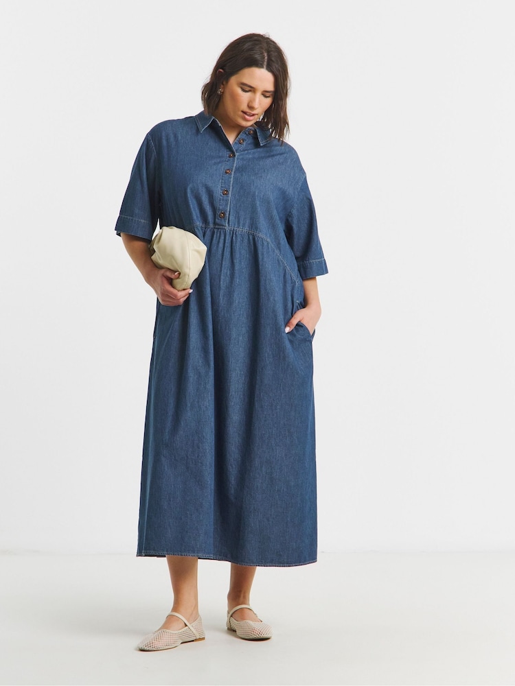 Simply Be Blue Short Sleeve Collar Denim Midaxi Dress - Image 1 of 4