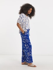 Simply Be Blue Shell Print Wide Leg Crinkle Trousers - Image 1 of 4