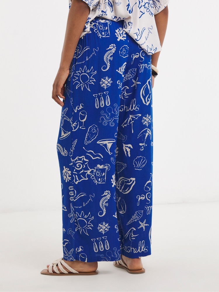 Simply Be Blue Shell Print Wide Leg Crinkle Trousers - Image 2 of 4