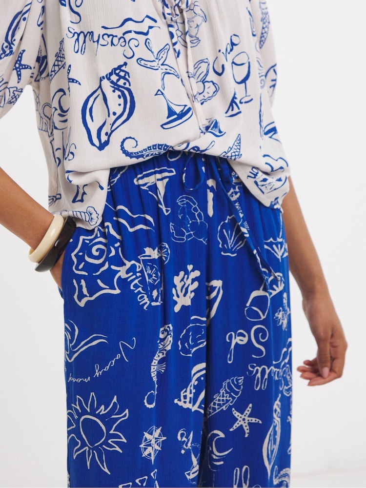 Simply Be Blue Shell Print Wide Leg Crinkle Trousers - Image 4 of 4